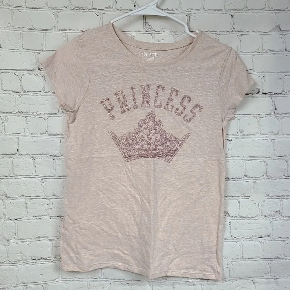 Girls Princess Glitter Tee XL 14 Pink Crown Graphic T Shirt Sparkly Cute